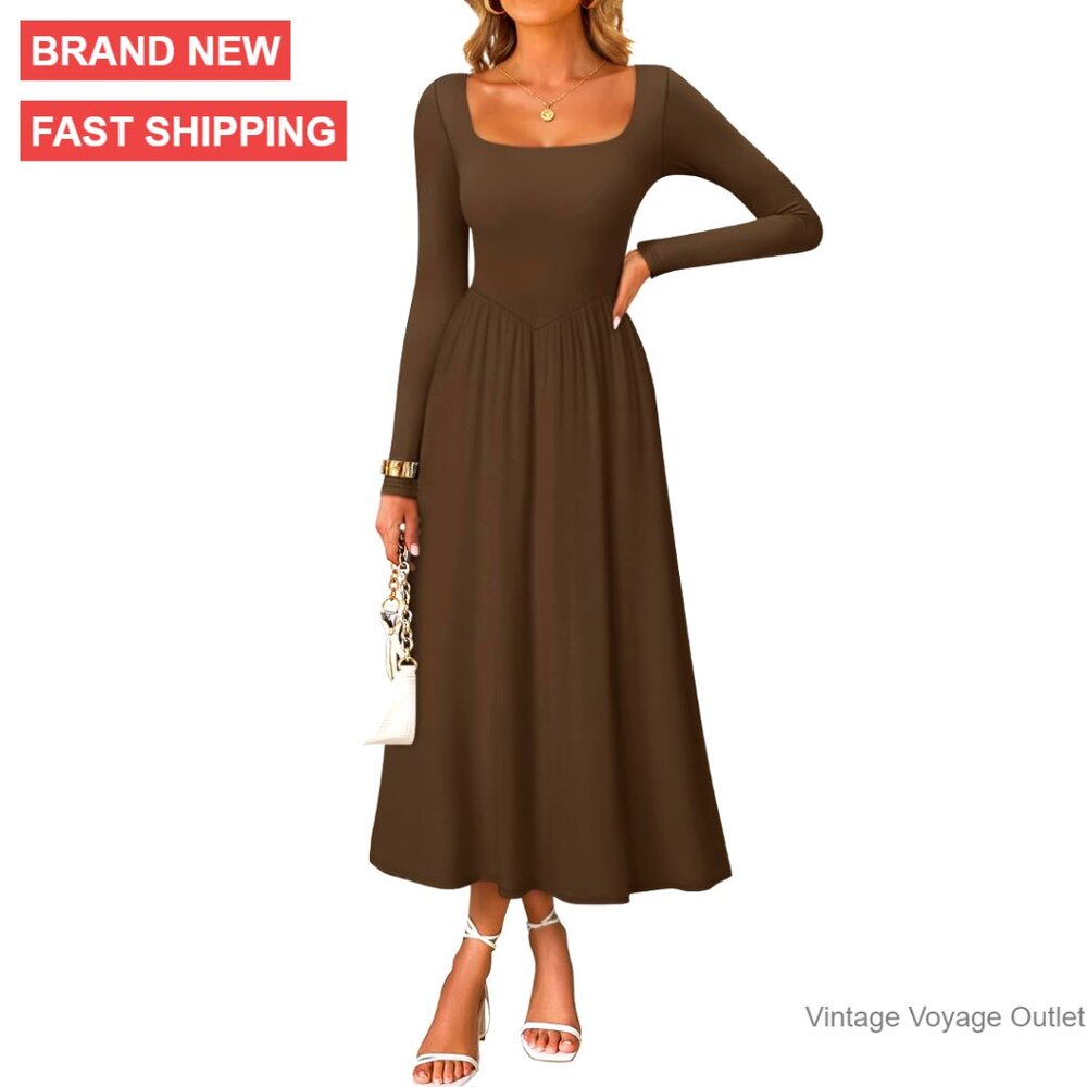Long Sleeve Midi Dress Square Neck Flowy Wedding Guest Party Slim Fit